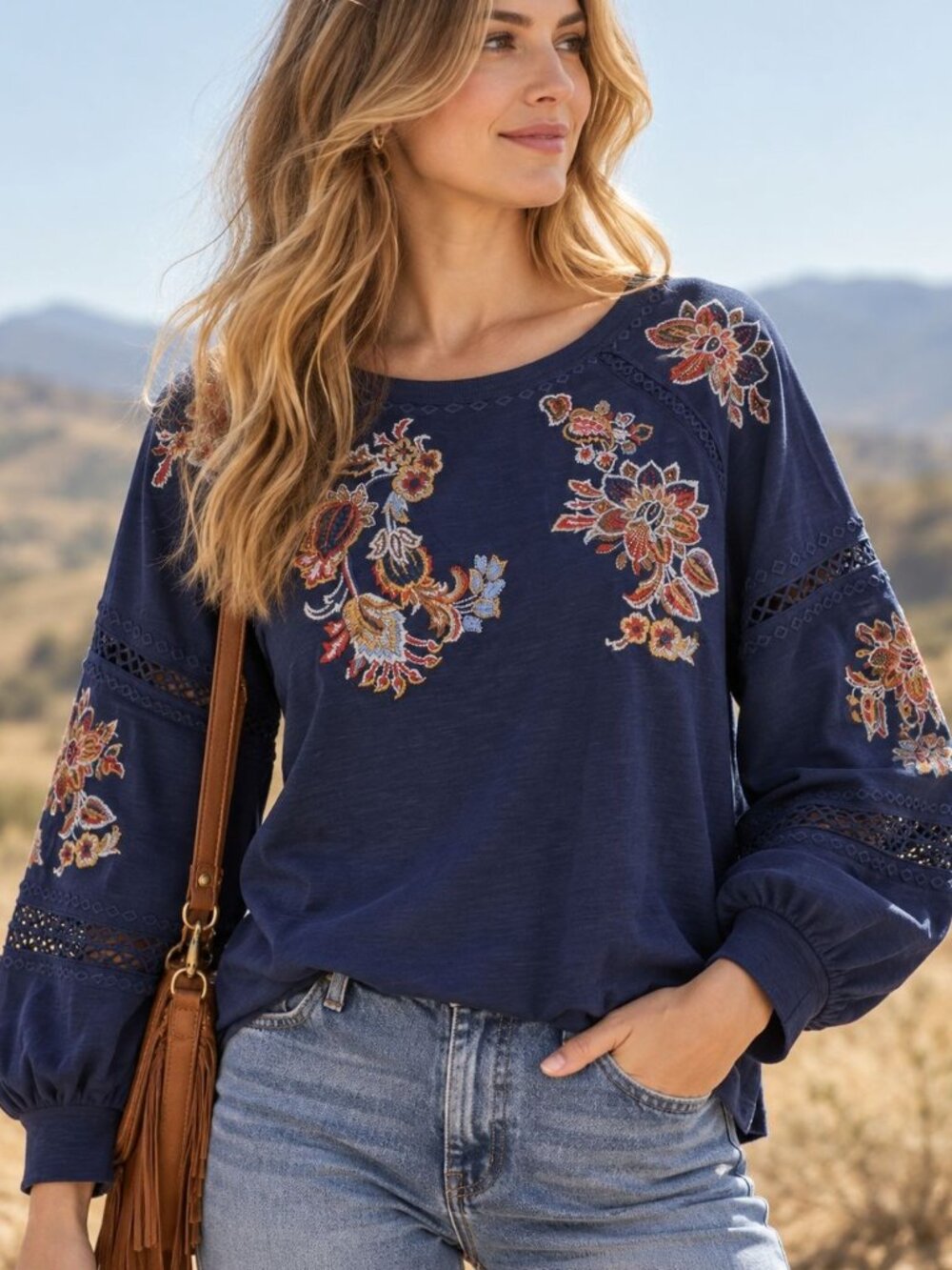 NWT Sundance Catalog Embroidered Floral Top Mp Blue Boho Lace Trim Puff Sleeve